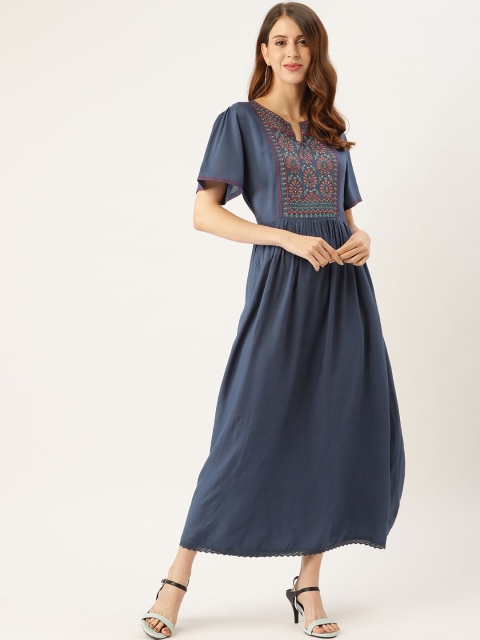 

aarke Ritu Kumar Blue Ethnic Motifs Yoke Embroidered Maxi Dress