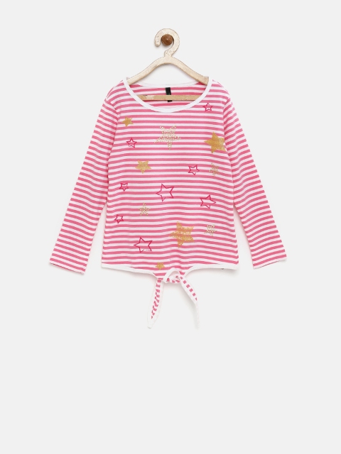 

United Colors of Benetton Girls Pink & White Striped & Printed T-shirt