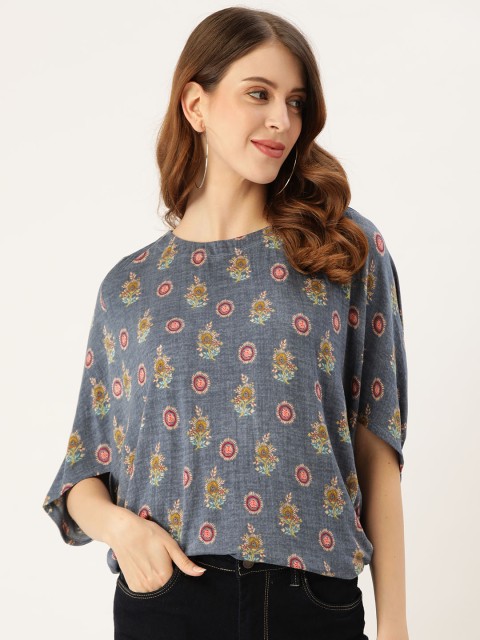

aarke Ritu Kumar Women Blue & Pink Ethnic Motifs Print Batwing Sleeve Regular Top