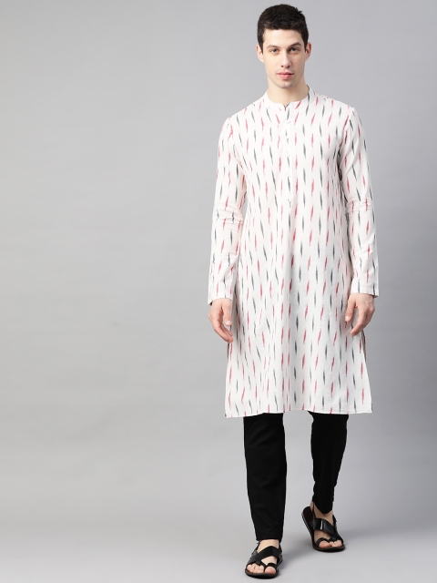 

See Designs Men Off White & Red Handloom Ikat Woven Design Pure Cotton Straight Kurta