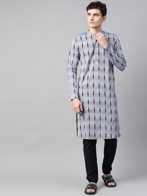 

See Designs Men Grey & Navy Blue Pure Cotton Woven Design Ikat Handloom Kurta