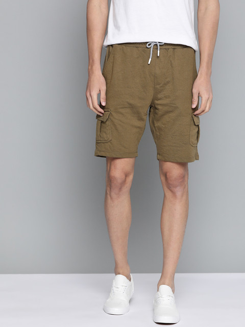 

Mast & Harbour Men Olive Green Solid Cargo Shorts