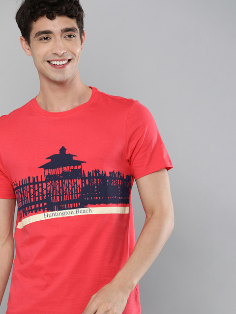 

Mast Harbour Men Coral Pink Printed Pure Cotton T-shirt