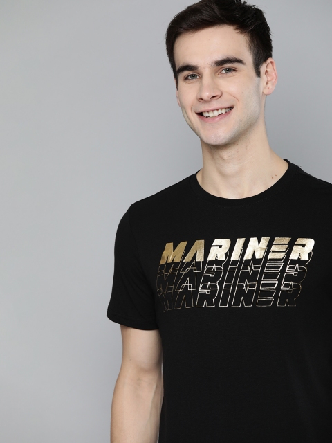 

Mast & Harbour Men Black & Golden Handcrafted Typography Printed T-shirt