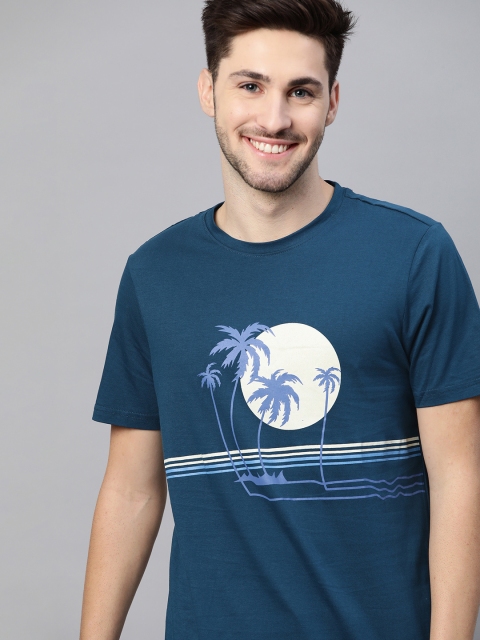 

Mast & Harbour Men Teal Blue & Off White Handcrafted Pure Cotton Printed T-shirt