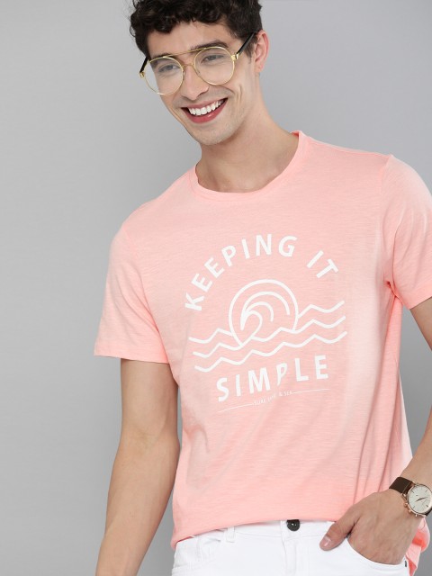 

Mast Harbour Men Peach-Coloured White Typography Printed Pure Cotton T-shirt