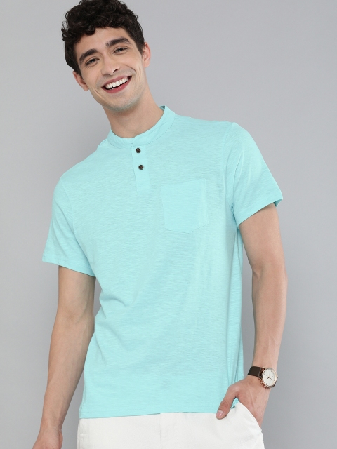 

Mast Harbour Men Blue Solid Henley Collar Pure Cotton T-shirt