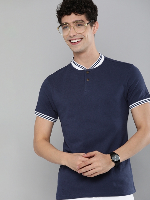 

Mast Harbour Men Navy Blue Stand Collar Pure Cotton T-shirt