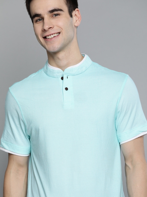

Mast & Harbour Men Blue Cotton Handcrafted Mandarin Collar T-shirt