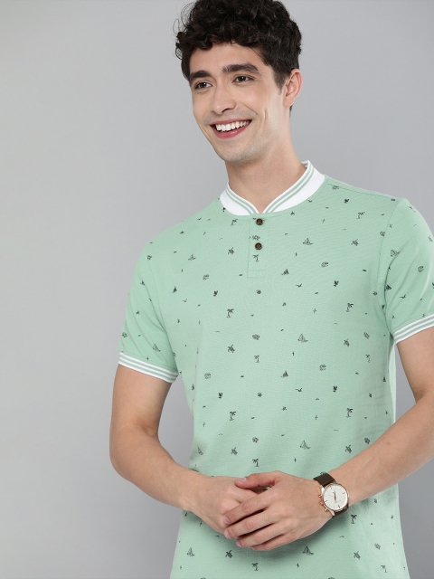 

Mast Harbour Men Sea Green Navy Blue Printed Stand Collar Pure Cotton T-shirt