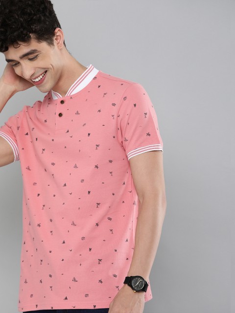 

Mast Harbour Men Coral Pink Navy Blue Printed Stand Collar Pure Cotton T-shirt