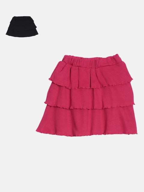 

Kryptic Girls Pack of 2 Pink & Black Solid Tiered Cotton Skirt