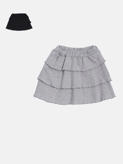 

Kryptic Girls Pack Of 2 Grey & Black Solid Tiered Knee Length Skirts
