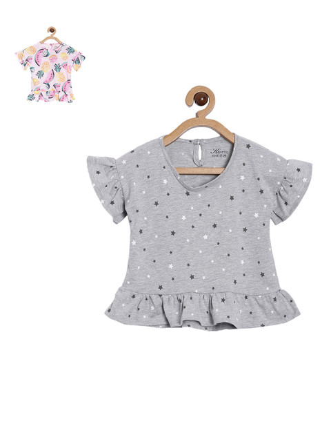

Kryptic Pink & Grey Set of 2 Tropical Bell Sleeve Tropical Peplum Top