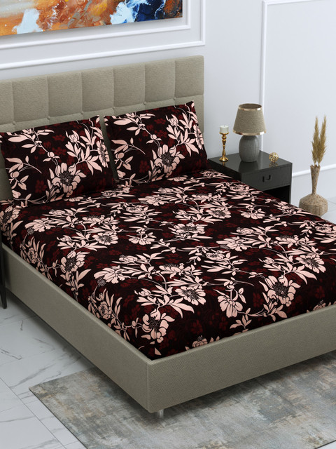 

DREAM WEAVERZ Maroon & Cream-Coloured Floral 250 TC King Bedsheet with 2 Pillow Covers