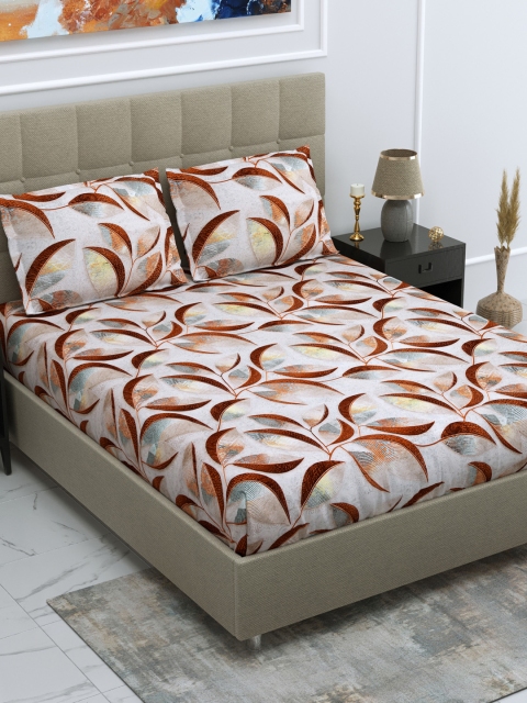 

DREAM WEAVERZ Beige & Brown Cotton Satin Floral 250 TC King Bedsheet with 2 Pillow Covers