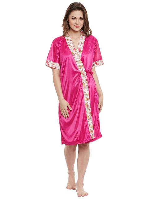 

Clovia Pink & White Paisley Print Satin Nightdress with Robe NS0312P15