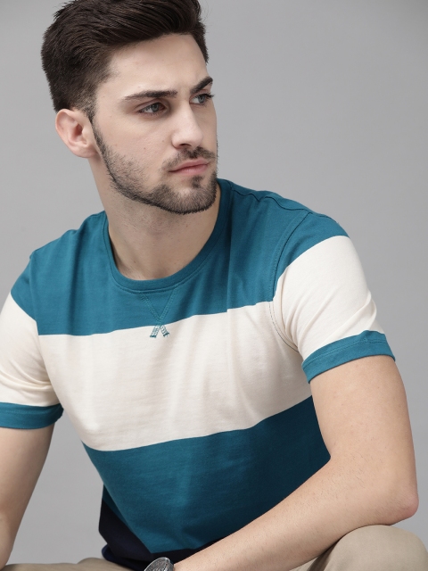

Roadster Men Blue Cream-Coloured Striped Pure Cotton T-shirt