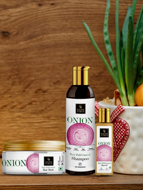 

Good Vibes Onion Hair Fall Control Combo Kit- Hair Mask, Shampoo, Hair Oil, White