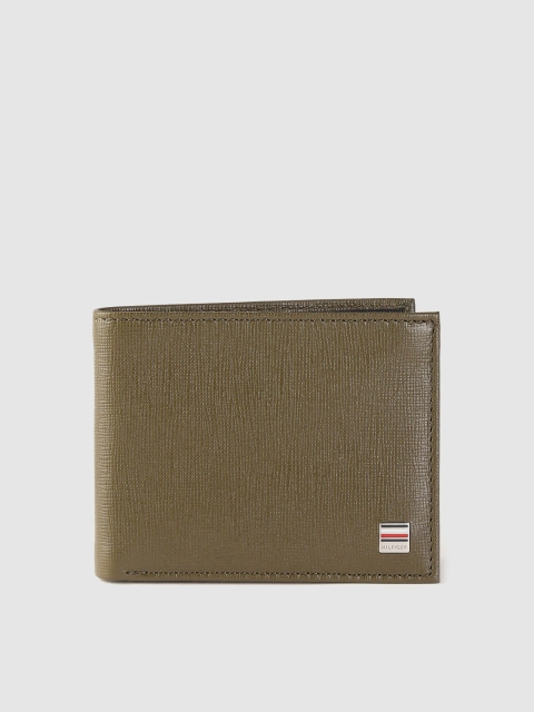 

Tommy Hilfiger Men Olive Green Saffiano Textured Leather Two Fold Wallet with RFID