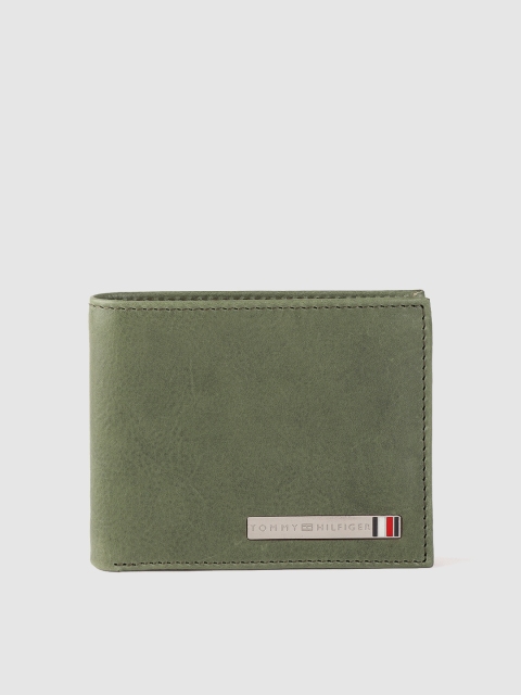 

Tommy Hilfiger Men Olive Green Solid Leather Two Fold Wallet with RFID