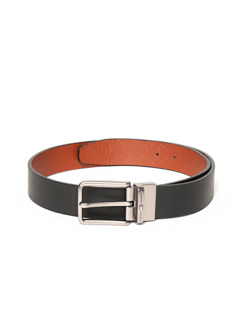 

Tommy Hilfiger Men Black & Tan Brown Logo Textured Detail Leather Reversible Formal Belt