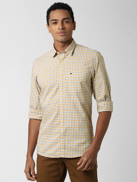 

Peter England Casuals Men Beige & White Slim Fit Checked Pure Cotton Casual Shirt
