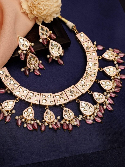 

Rubans 22K Gold-Plated Pink & White Kundan-Studded & Beaded Enamelled Handcrafted Jewellery Set