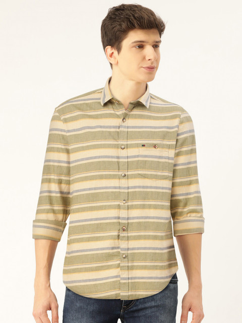 

Peter England Casuals Men Beige Pure Cotton Slim Fit Striped Casual Shirt