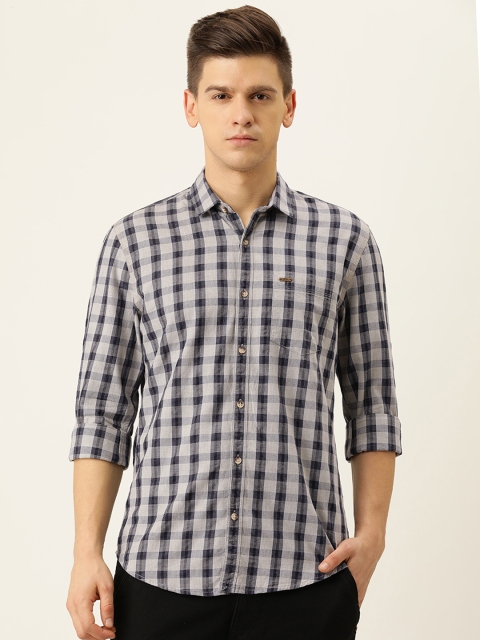 

Peter England Casuals Men Grey & Navy Blue Super Slim Fit Checked Casual Shirt