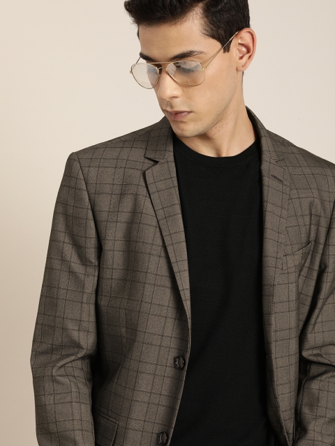 

INVICTUS Men Grey & Black Checked Slim Fit Single-Breasted Casual Blazer