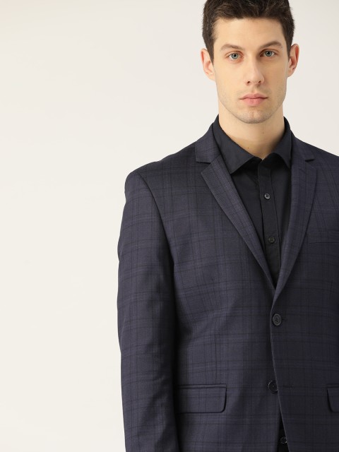 

INVICTUS Men Navy Blue & Black Checked Slim Fit Single-Breasted Smart Casual Blazer