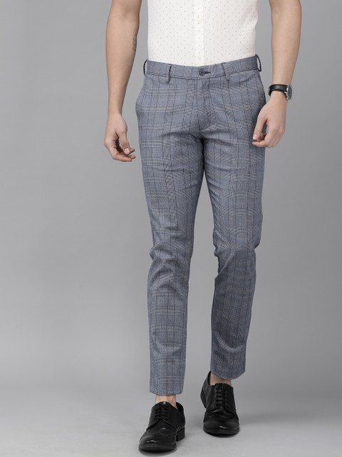 

Blackberrys Men Navy Blue Checked Skinny Fit Low-Rise Trousers