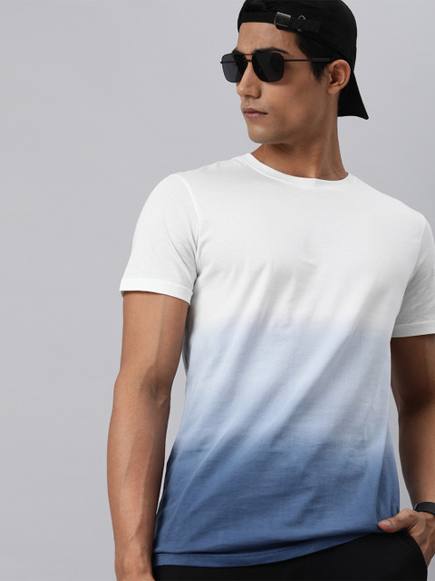 

WROGN Men White & Blue Pure Cotton Colourblocked Slim Fit T-shirt