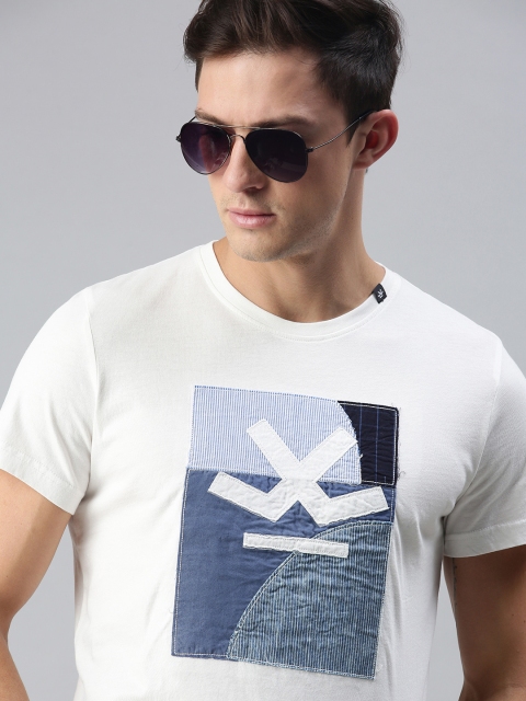 

WROGN Men Off White Blue Brand Logo Printed Pure Cotton T-shirt