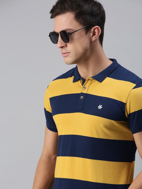 

WROGN Men Yellow & Navy Blue Striped Polo Collar T-shirt