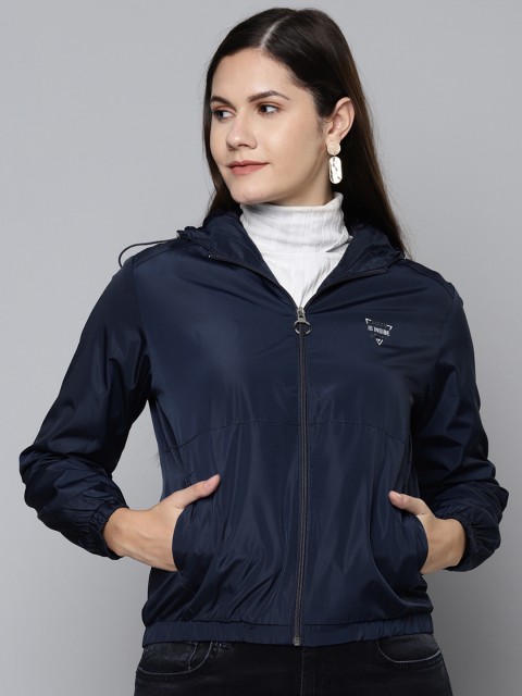 

Foreign Culture By Fort Collins Women Navy Blue Solid Hooded Bomber Jacket