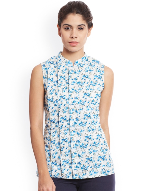 

The Vanca White & Blue Floral Print Pleated Top