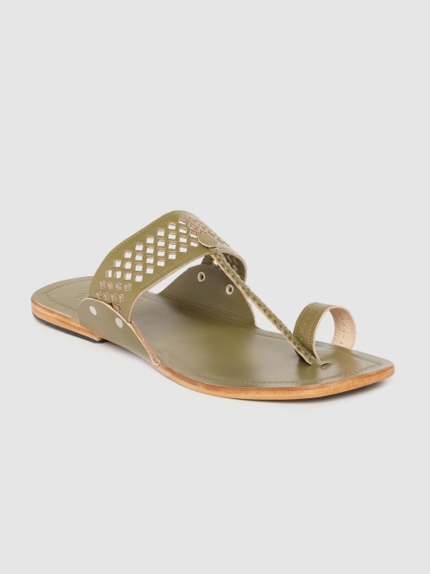 

House of Pataudi Men Olive Green Handcrafted Leather Laser Cut Kolhapuri Sandals