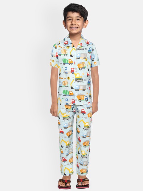 

NAUTI KIDZ Boys Blue & Yellow Cars Print Pure Cotton Pyjamas Set