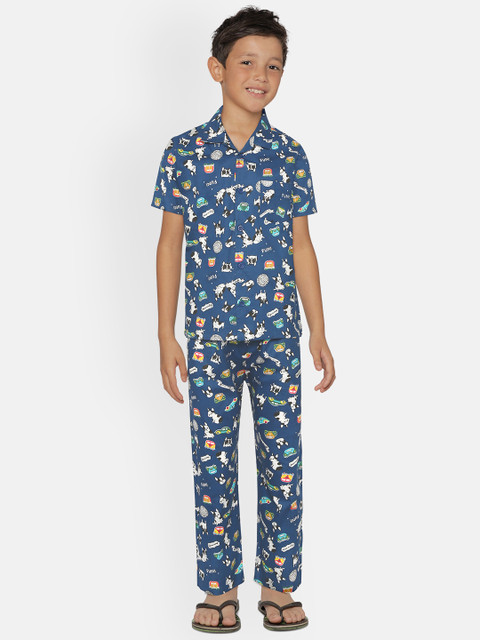 

NAUTI KIDZ Boys Navy Blue & White Dog Print Pure Cotton Night suit