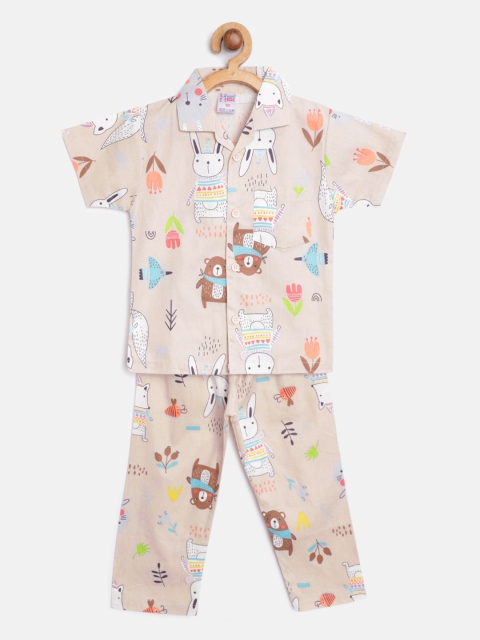 

NAUTI KIDZ Boys Beige & White Conversational Print Pure Cotton Pyjamas Set