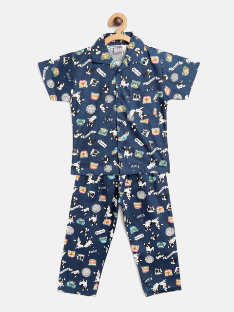 

NAUTI KIDZ Boys Navy Blue & White Printed Pure Cotton Pyjamas Set