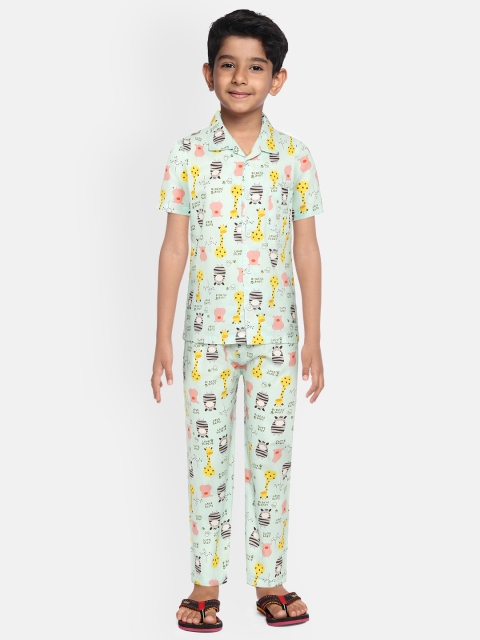 

NAUTI KIDZ Boys Green & Peach-Coloured Conversational Print Pure Cotton Pyjamas Set