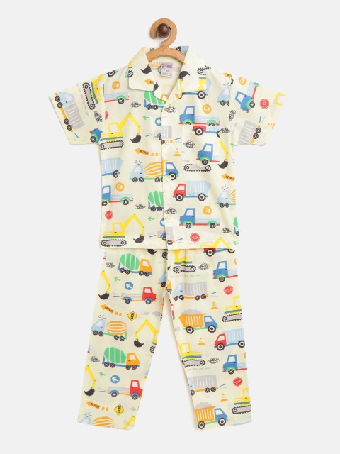 

NAUTI KIDZ Boys Cream-Coloured & Blue Cars Print Pure Cotton Pyjamas Set