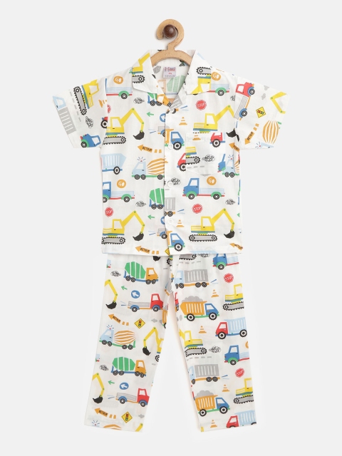 

NAUTI KIDZ Boys White & Yellow Cars Print Pure Cotton Pyjamas Set