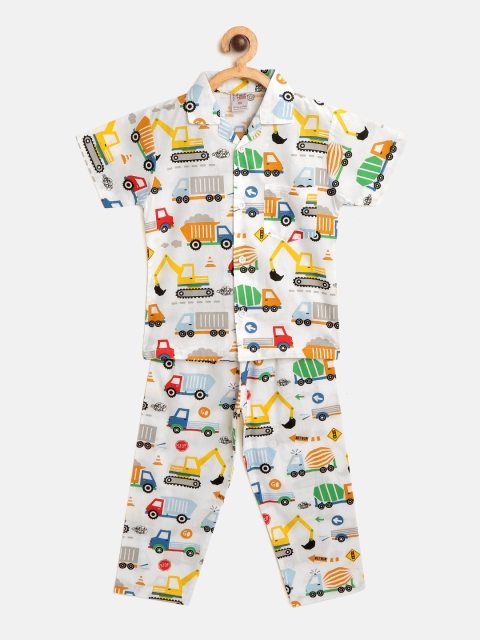 

NAUTI KIDZ Boys White & Orange Cars Print Pure Cotton Pyjamas Set