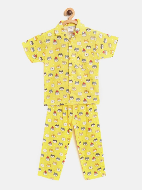 

NAUTI KIDZ Boys Yellow & White Conversational Print Pure Cotton Pyjamas Set