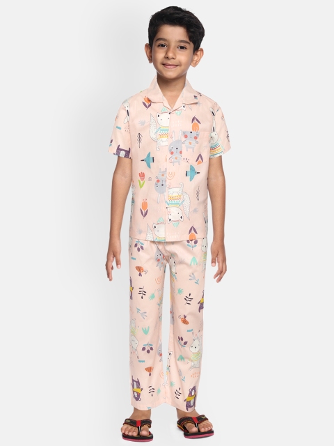 

NAUTI KIDZ Boys Peach-Coloured & White Printed Night suit