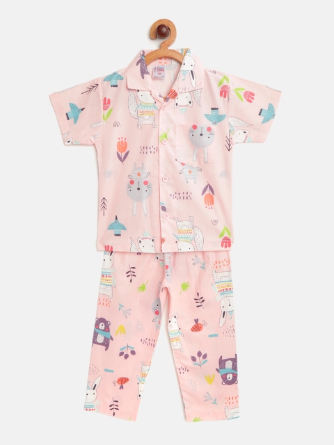 

NAUTI KIDZ Boys Peach-Coloured & White Conversational Print Pure Cotton Pyjamas Set